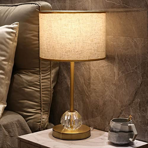 Mengjay Nachttischlampe Kristall E27 Tischleuchte Kugel, Tischlampe Weißer/Leinen Lampenschirm, Schirm, Gold，sehr passend für Schlafzimmer Bar Restaurant Cafe