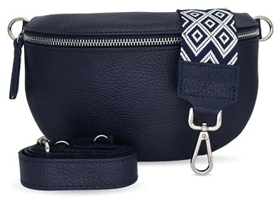 Bella Blossom Bauchtasche Damen, Umhängetasche aus 100% Echtleder, Elegante Crossbody-Bag mit gemusterten & verstellbaren Schultergurt, Schultertasche für jeden Anlass Blau3 M