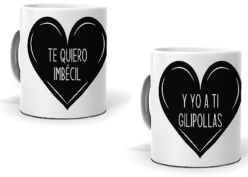 mundohuevo. Regalo divertido para parejas | Par de tazas con mensaje “Te quiero Imbécil”, “Y yo a ti gilipollas” | Taza original de desayuno | Capacidad 350ml | Taza de cerámica AAA | Regalo único