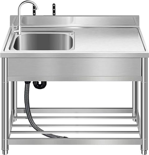 TAITUTE Lavello da cucina autoportante in acciaio inox, per ristorante, ristorante, campeggio, mobile, con rubinetto freddo e caldo, per garage all'aperto, 100 cm