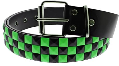 Unisex 3 Row Pyramid Studded Belt Bicolour Black and Green Check Checkered Chessboard