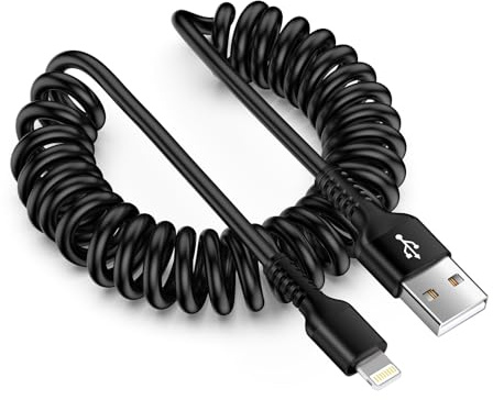 Spiralkabel USB auf Lightning Kabel, Kurz iPhone Ladekabel Auto [MFi zertifiziert], Apple Carplay Kabel mit Datensynchronisation für iPhone 14/13/12/11/Pro/Xs/XR/8/6 Plus