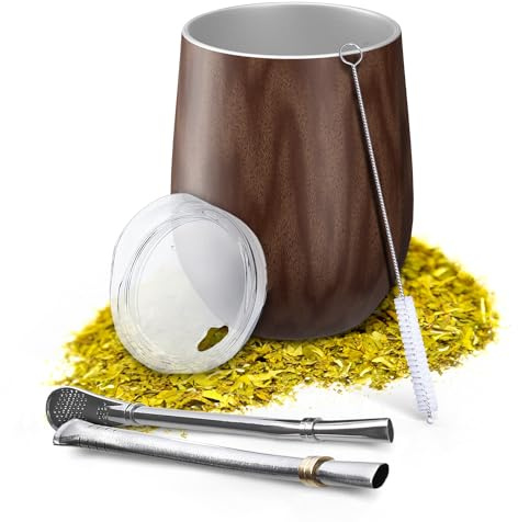 Aquafloow Taza de Doble Pared Yerba Mate 350 ml + 2 Pajitas de Acero Maté Bombilla, Set de Argentino Maté Yerba | Tapa Libre de BPA, Juego de Té de Acero Inoxidable para Yerba – Marrón