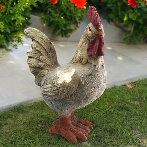 Arnusa Solar Gartenfigur Hahn Höhe 48 cm Steinoptik Gartendeko Solarlampe Grau Kunststein für Außenbereich Garten Statue Groß
