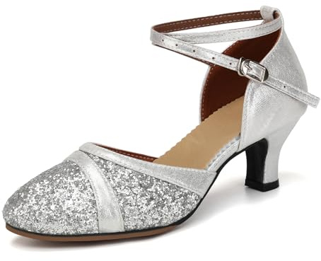 Uonpie Damen Latein Tanzschuhe Silber Geschlossene Zehe Pailletten Schuhe Niedriger Absatz Gesellschaftstanzschuhe mit 5cm Absatz, 38EU