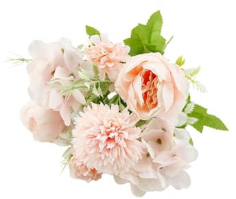 Ramo Flores Artificiales de peonias y hortensias para decoración hogar Centro de Flores Cementerio Centro de Mesa arreglos Florales Bodas comuniones Fiestas hoteles oficinas Empresas (Rosa)