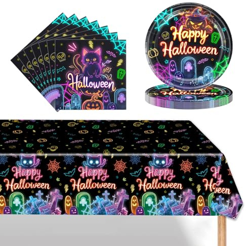 POPOYU 37 Stück Halloween Party Geschirr Set,Halloween Party Paper Plates,Servietten,Tischdecke,Halloween·Pappteller,Halloween&Thema Cartoon PartySet für·Halloween Kinderparty Dekorationen(16 Gäste)