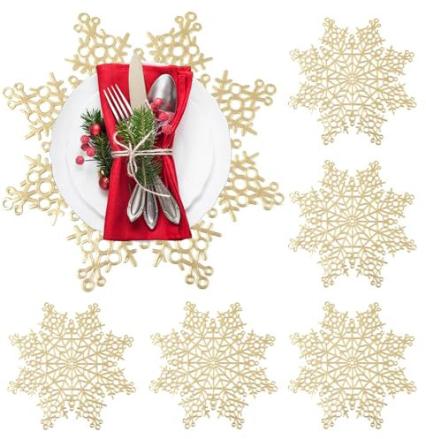 QeeFop Set di 6 Tovagliette Natalizie Dorate, Sottopiatti Natalizi PVC con Fiocchi di Neve, Tovagliette Lavabile Resistenti al Calore per Natalizie, Anniversari, Compleanni, Matrimoni (Oro)