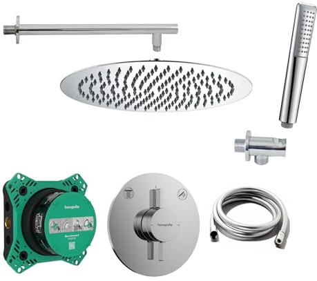 vanvilla Duschsystem Unterputz mit Duscharmatur Hansgrohe HG205 poliert | Duscharmatur von Hansgrohe DuoTurn S und vanvilla Regendusche Duschkopf rund, Dusch-SET poliert