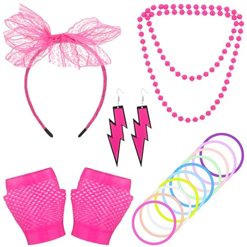 LLOUSSAK 80-tals outfit damset, 5 stycken 90-tals tillbehör dam ros pannband, örhängen fisknät, handskar, halsband, armband, för 80-tals-temafester, neonfester, karneval