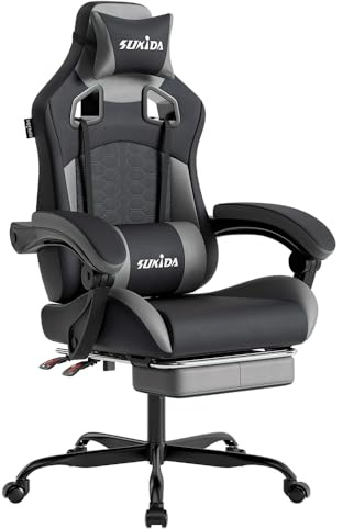 SUKIDA Gaming Stuhl, Ergonomischer Gaming-Stuhl mit Fußstütze, Racing Gaming Chair Kopfstütze Verstellbarer Computerstuhl Höhenverstellbar Lendenwirbelstütze für Homeoffice und Gaming Gray