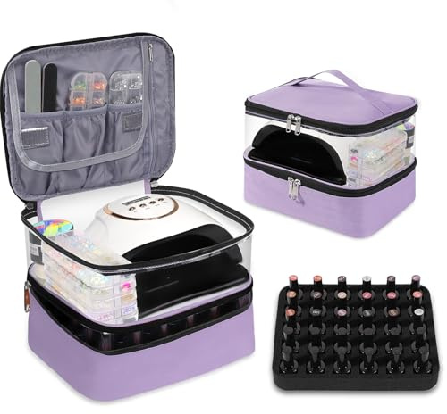 Nagellack Aufbewahrung Tasche Doppelschicht für 30 Flaschen und UV Lampe, Tragbarer Nagellack Organizer, Kosmetikkoffer Damen für Nageldesign