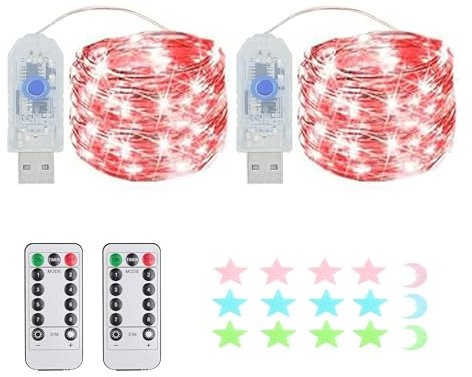 2 Stück LED Lichterkette, 200LED 20M / 67Ft 8 Modi USB lichterkette außen/innen Wasserdichte mit Fernbedienung für Schlafzimmer, Hof, Hochzeit, Weihnachten, DIY etc (rot)