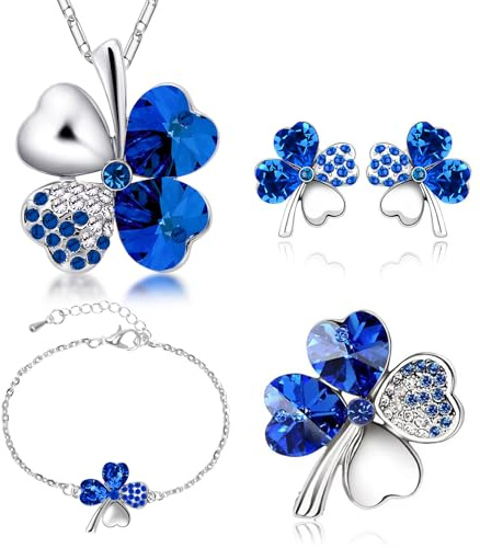 Colgante Trebol Brazalete de Trébol de Cuatro Hojas Pendientes de Trébol de Lucky Clover Broche de la Novedad, Juego de Joyas de Trébol para Madres, Mujeres, Novias, Mujeres, Hijas, 4pcs / Set (Azul)