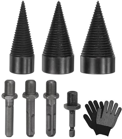 M METERXITY 3-Pack Wood Splitter Drill Bit 32mm + 42mm + 45mm | Black Grey, Firewood Log Splitter Drill Bit, 4 Handles, Square Round Hex Shank Small Hex, with Gloves, for Outdoor/Stove/Farm
