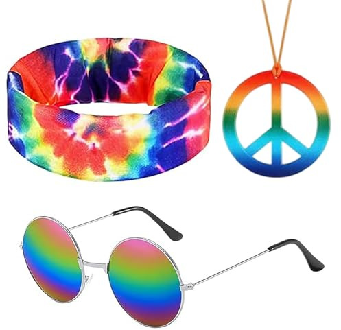 MUNSKT 3 Stück Hippie Kostüm Set Hippie Sonnenblume Stirnband Peace Zeichen Halskette Runde Sonnenbrille für Fasching Zubehör