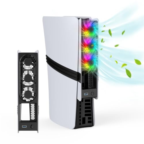 Growalleter Lüfter für PS5 Pro/schlanke Konsole – Hochgeschwindigkeitskühlung mit automatischer Temperaturregelung, geräuscharm, RGB-Beleuchtung und USB-3.0-Anschluss für Gamer und