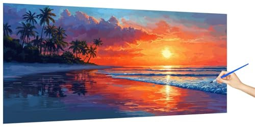 Malen Nach Zahlen Erwachsene Strand, Malen Nach Zahlen SonnenuntergangKinder Kleines Format, DIY Paint by Numbers Kreativ Set AnfäNger Inklusive Pinsel und Acrylfarben Ohne Rahmen Deko 100x50cm S-4
