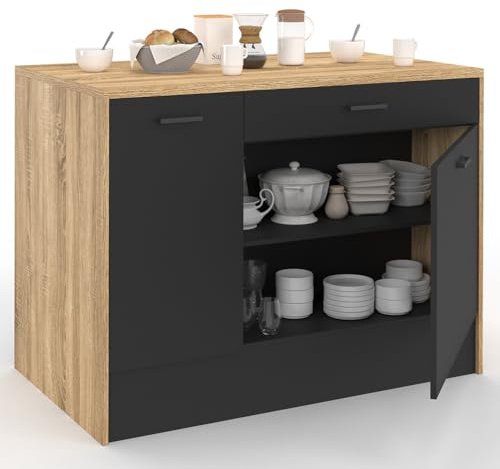 IDMarket – Ilot central LIO 120 cm máximo capacidad de almacenamiento madera y negro