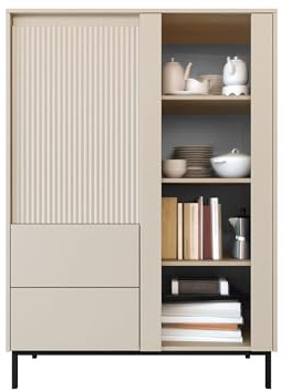 Mirjan24 Standvitrine Ozmi 2D2S mit 2 Türen und 2 Schubladen (Cashmere) | Vitrinenschrank mit geriffelten Fronten, 7 Innenfächern, Push-to-Open-System und schwarzem Metallgestell