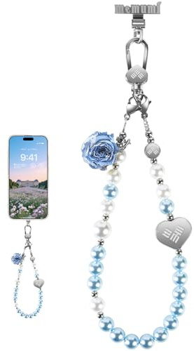 memumi Chaîne de téléphone universelle, pendentif pour téléphone, cordon perlé courte, dragonne main, bracelet de téléphone, cordon avec fleur pour femme