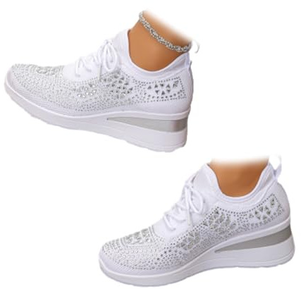 Zapatillas de cuña transpirables con diamantes de imitación brillantes para mujer, con cordones, plataforma de cuña con cuentas de diamantes de imitación, zapatillas cómodas y brillantes