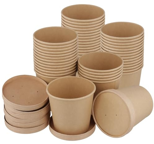 CHEUKYIU 40 vasos de papel marrón con tapa, 780 ml, vasos desechables para sopa, helados y aperitivos