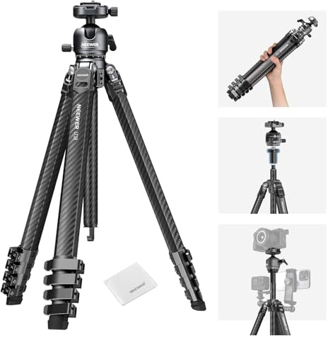 NEEWER LITETRIP LT38 61 Travel Camera Tripod, Carbon Fiber Portable Stand, 360° Pan Tilt Ball Head, Center Axis, Arca Type QR Plate Compatible with Peak Design Clip V3, Max Load 22 lb, Cleaning Cloth