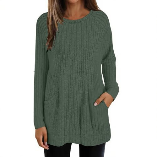 Lightweight Long Sweaters for Women Casual Long Sleeve Sweatshirt Crew Neck Early Fall Fashion Clothing Trendy Tops School Outfits for Teachers Fall Clothes Green X-Large