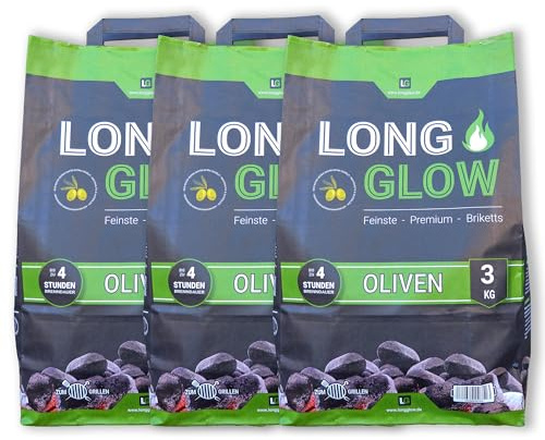 Long Glow® Grillbriketts 9 kg Oliven Premium Briketts - bis 4h Brenn- & Glutdauer - nachhaltige Grillkohle mit hoher Hitze für Grill, Smoker, Pizzaofen & Dutch Oven | 3 x 3 kg | Energie Kienbacher