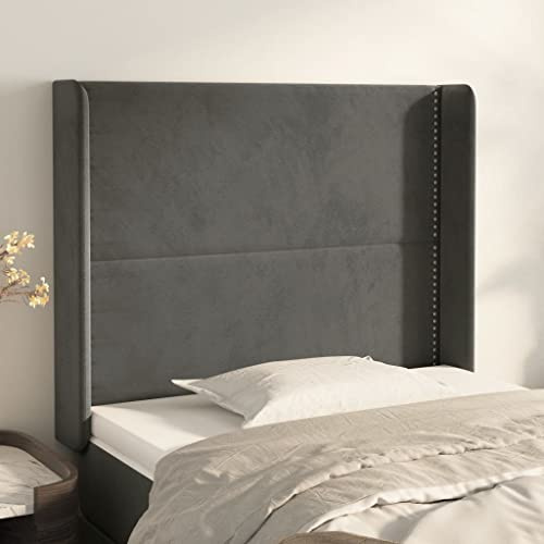 Qnhdfrt Kopfteil mit Ohren Dunkelgrau 103x16x118/128 cm Samt Bequem Höhenverstellbar Robustes Lärchenholz Modernes wandkissen Bett Design für Schlafzimmer