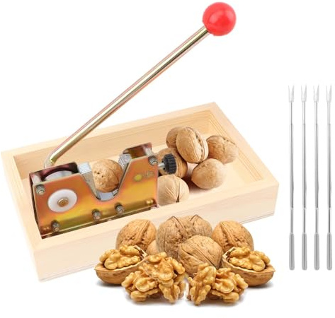 Nut Cracker Tool, Heavy Duty Walnut Cracker with 4 Forks & Wooden Base, Adjustable Nuts Tongs Manual Nut Crackers for All Nuts, Walnut Pecan Macadamia Hazelnuts Chestnut