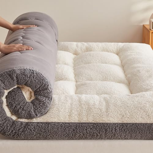 NEPHRA Futon Matratze und Futonbett 5 cm dick, faltbar und aufrollbar, aus Polyester-Fleece, für Einzelbetten, Gäste, Schlafsäle, Camping, Sofas und Liegen(White,150 x 200 cm)