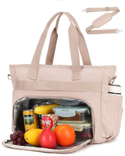 Makukke Arbeitstasche Damen mit Isoliertem Lunch-Fach, 12 Fächer Großer Cord Shopper, 15,6 Zoll Laptoptasche, Multifunktionale Tasche für Arbeit Schule & Reise