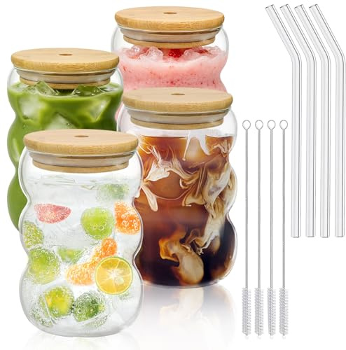 Forbabe Matcha latte glas, 4 st 550 ml glaskoppar med lock och sugrör latte glas, bubbelglaskopp, macchiato-glas, cocktailglas, kaffeglas iskaffe dricksglas med borste och sugrör
