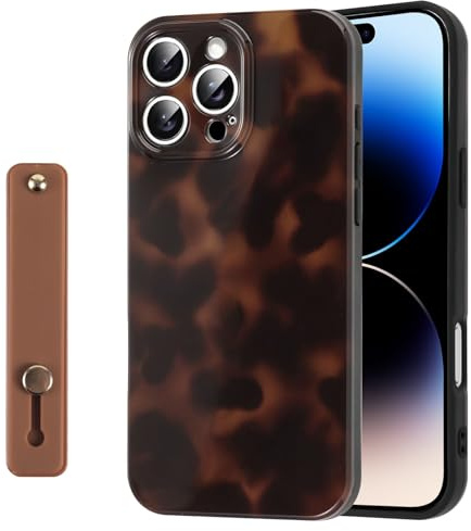 Rainway for iPhone 14 Pro Case Cute Leopard Print Amber Tortoise Camera Protection for Women Girls with Wrist Adjustable Hand Strap Kickstand, Aesthetic Silicone Shockproof Protective Cover - Brown