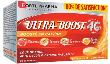 Forté Pharma - Ultra Boost 4G - Booster renforcé en caféine - Guarana, Gelée Royale, Ginseng, Vitamine C, Vitamine D, Zinc - Complexe vitamines et mineraux - 20 comprimés Effervescents, 1/jour