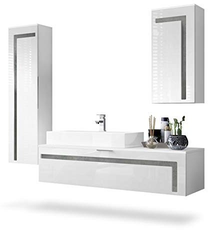Vladon Badmöbel Komplettset Aloha, Made in Germany, Korpus in Weiß matt/Fronten in Weiß Hochglanz mit Absetzungen in Beton Dunkel Optik, mit Aufsatzwaschbecken