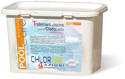POOL CARE Chlor 250 4 Azioni, Cloro Multiazione, in Pastiglie da 250 gr, Attivo al 90%, a Lenta Dissoluzione, per Piscina - 1 KG