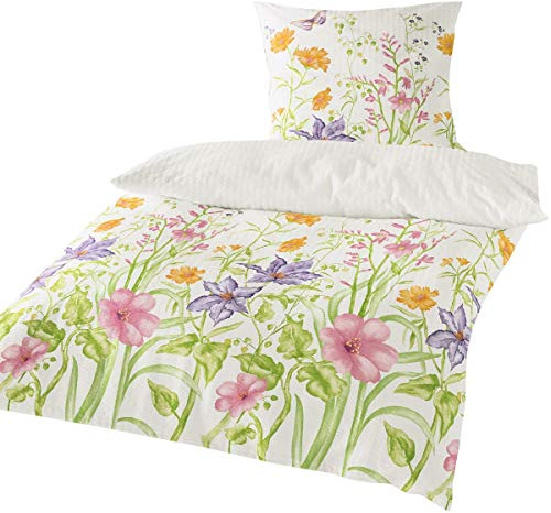 Traumschlaf Seersucker Bettwäsche Maritim im Set Blumenwiese 155x220 cm + 80x80 cm