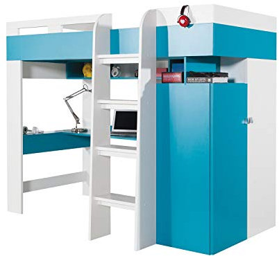 Furniture24 Multifunktionsbett Etagenbett Hochbett Bett MOBI MO20 mit Federkernmatratze, Schreibtisch und Schrank (Weiß/Türkis)
