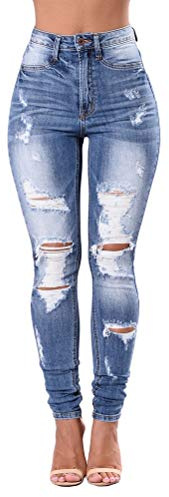ORANDESIGNE Jeans Déchiré Femme Taille Haute Sexy Skinny Slim Fit Stretch Pantalons en Denim Troué Jeans Crayon Casual Rétro A Bleu L