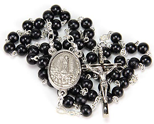 Rosario Legno Nero, Convertibile in Ciondolo Uomo o Collana Donna - Rosari religiosi con medaglia della Madonna di Fatima e sacchetto regalo