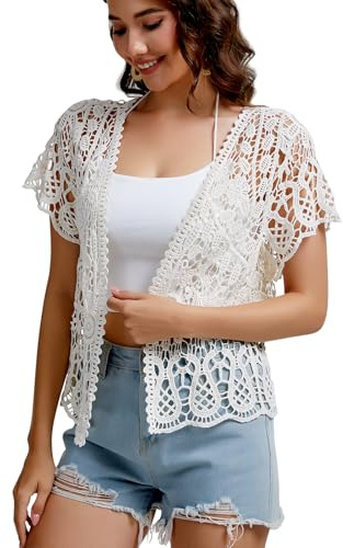 SMDPPWDBB - Cardigan corto da donna, bolero con maniche corte, in pizzo, a maglia, scollato, smanicato, bianco, L