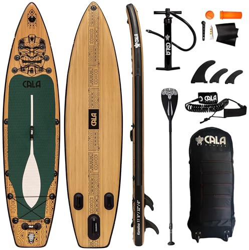CALA Kanaloa 2025 Stand Up Paddling Board Set, i-SUP aufblasbar, Robustes Surfboard mit 20% Seegras-Anteil inkl. Voll-Carbon Paddel, Reparatur Kit, Pumpe, Rucksack-Trolley, 3 Finnen, Ventil und Kappe