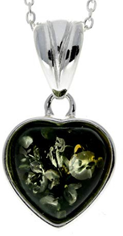 Noda GL256BG - Ciondolo a forma di cuore in ambra baltica verde e argento Sterling, senza catenina, Pietra Argento sterling Resina, Ambra