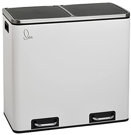 SVITA TM2X15 Treteimer 30 Liter Abfalleimer Inneneimer Mülleimer Design Mülltrennung Papierkorb Küchen-Ordnung Trennsystem Softclose-Deckel Pulverbeschichteter Stahl Weiß