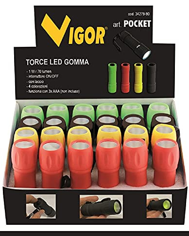 Présentoir avec 24 lampes de poche LED couleurs assorties