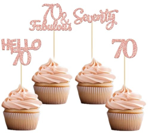 Gyufise 24Pcs Rose Gold Glitter 70th Birthday Cupcake Toppers Hello 70 Seventy Cake Toppers 70 & Fabulous Cupcake Picks for 70th Birthday Cake Decorations Supplies
