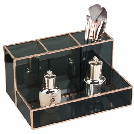 HARLIANGXY Make up Pinselhalter Schwarz - Multifunktional Make up Organizer für Kommode, Waschtischplatte, Schreibtisch - Kosmetik Aufbewahrung Box, Schmink Organizer aus Glas